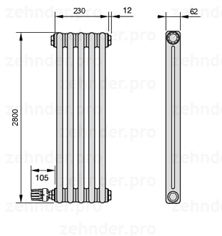 Схема (чертеж) Радиатор Zehnder Charleston 2280/5 №V003 Белый глянцевый RAL 9016